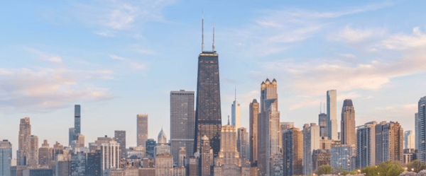 The Chicago skyline at dusk, with the John Hancock Center in the middle