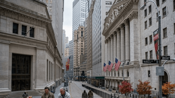 Wall Street and the New York Stock Exchange, hung with American flags